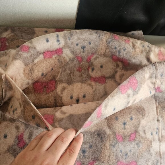 Teddy Bear Flannel Panel W44" L71" w Sewn Pocket Craft Apron Blanket Brown Pink - Picture 3 of 5